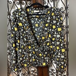 Universal Thread Floral Wrap Blouse - Black and Yellow